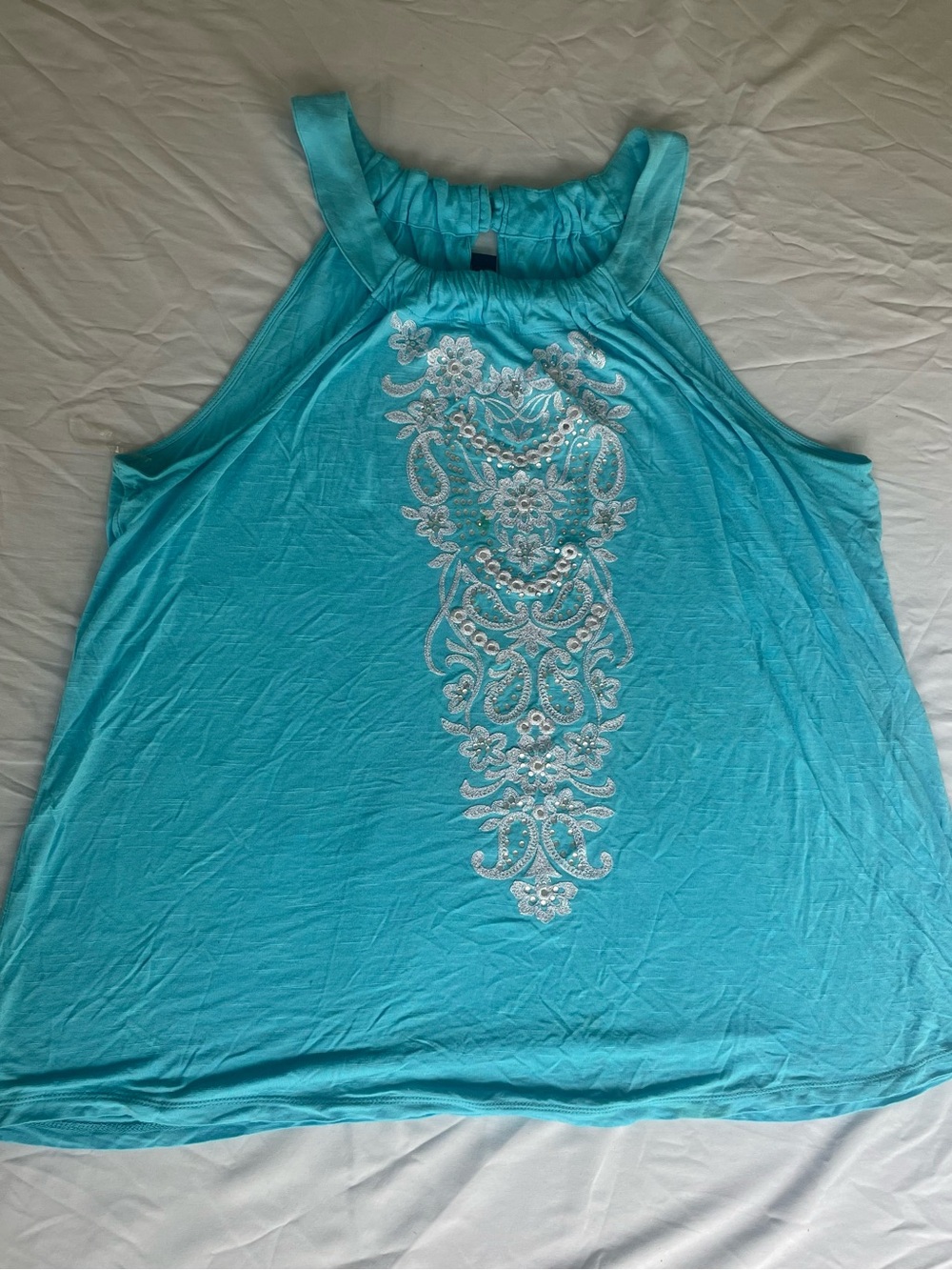 INC International Concepts Turquoise Halter Tank with White Embroidery